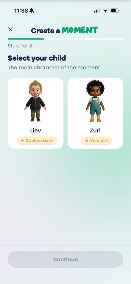 The Iniminimo app, step one of three: select your child.